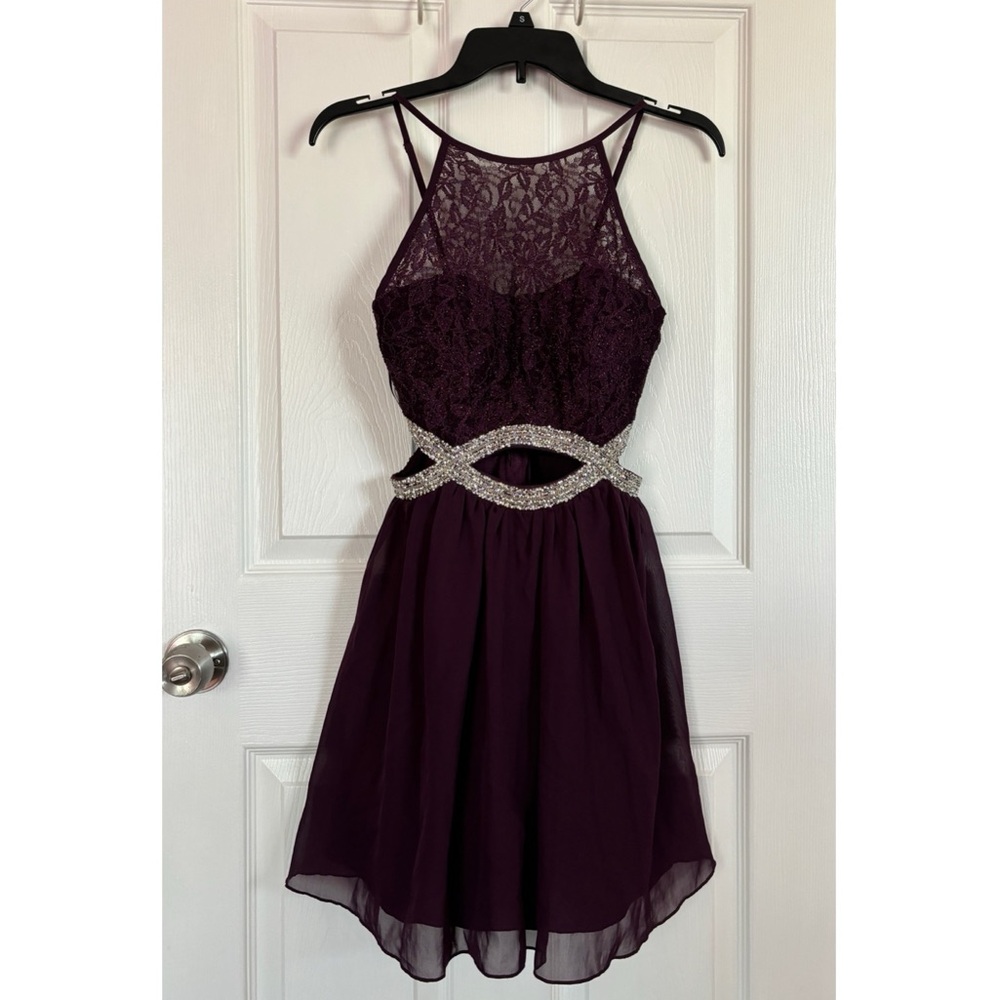 Speechless Jeweled Cutout Waist Halter Neck Dress